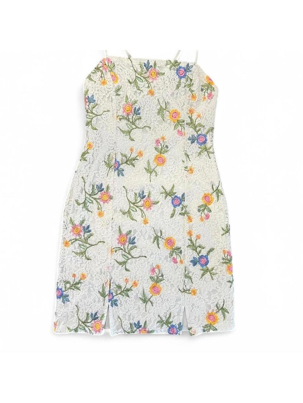 2010s floral lace crochet pastel‎ dress, open back, Size S, fairy whimsy cottage